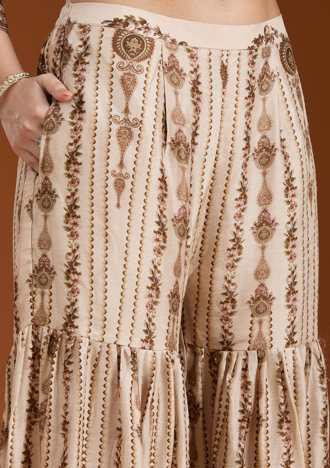 Off White Printed Crepe Readymade Salwar Suit