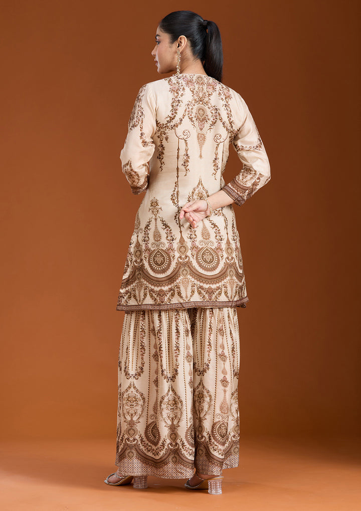 Off White Printed Crepe Readymade Salwar Suit