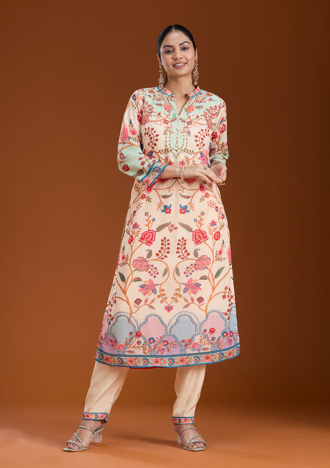 Beige Printed Crepe Readymade Salwar Suit