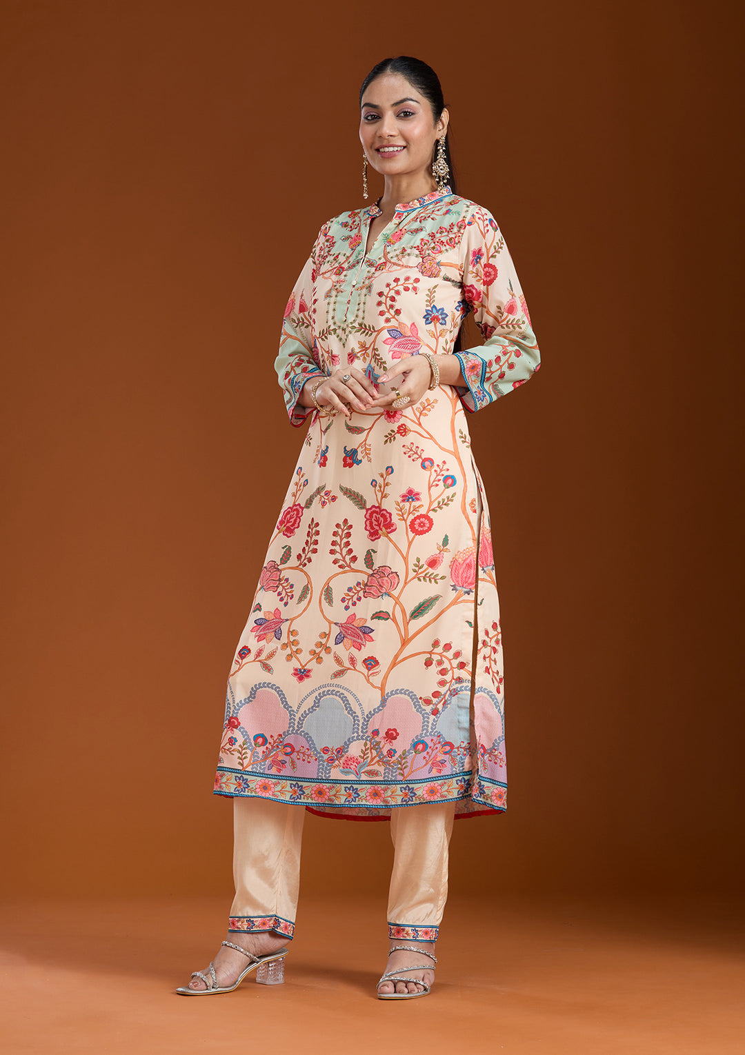 Beige Printed Crepe Readymade Salwar Suit