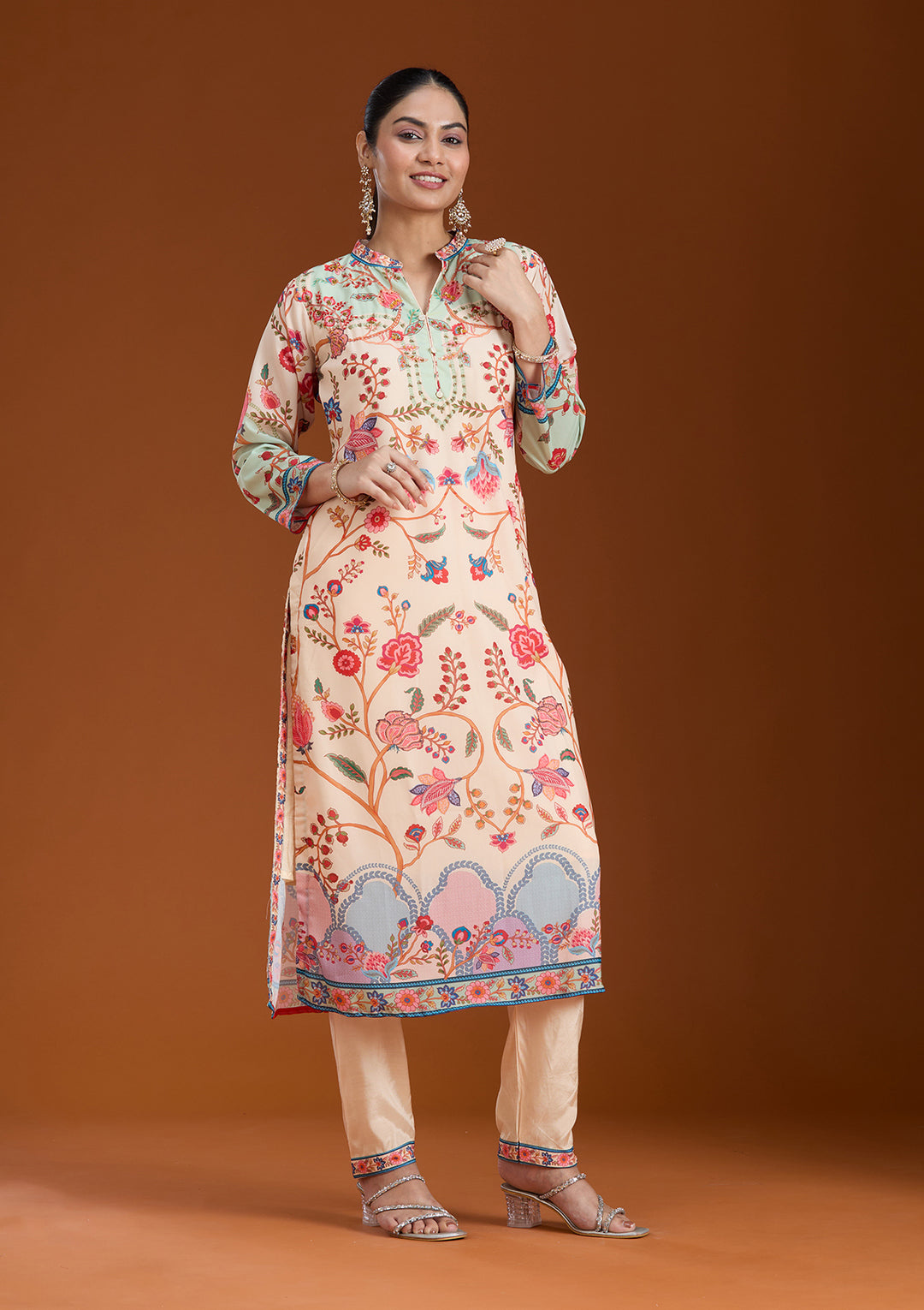 Beige Printed Crepe Readymade Salwar Suit