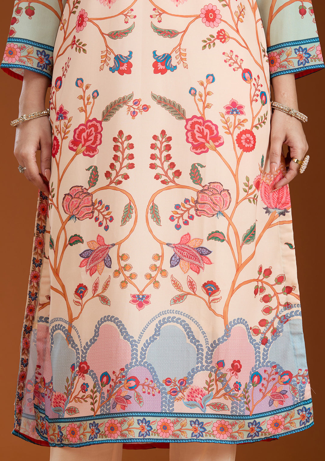 Beige Printed Crepe Readymade Salwar Suit