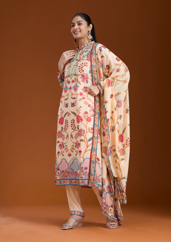 Beige Printed Crepe Readymade Salwar Suit