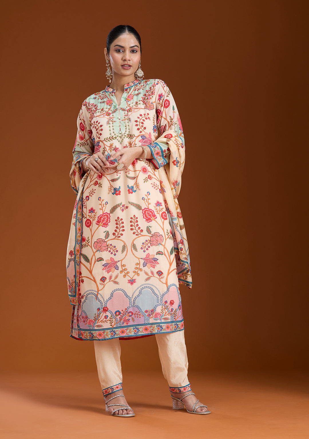 Beige Printed Crepe Readymade Salwar Suit