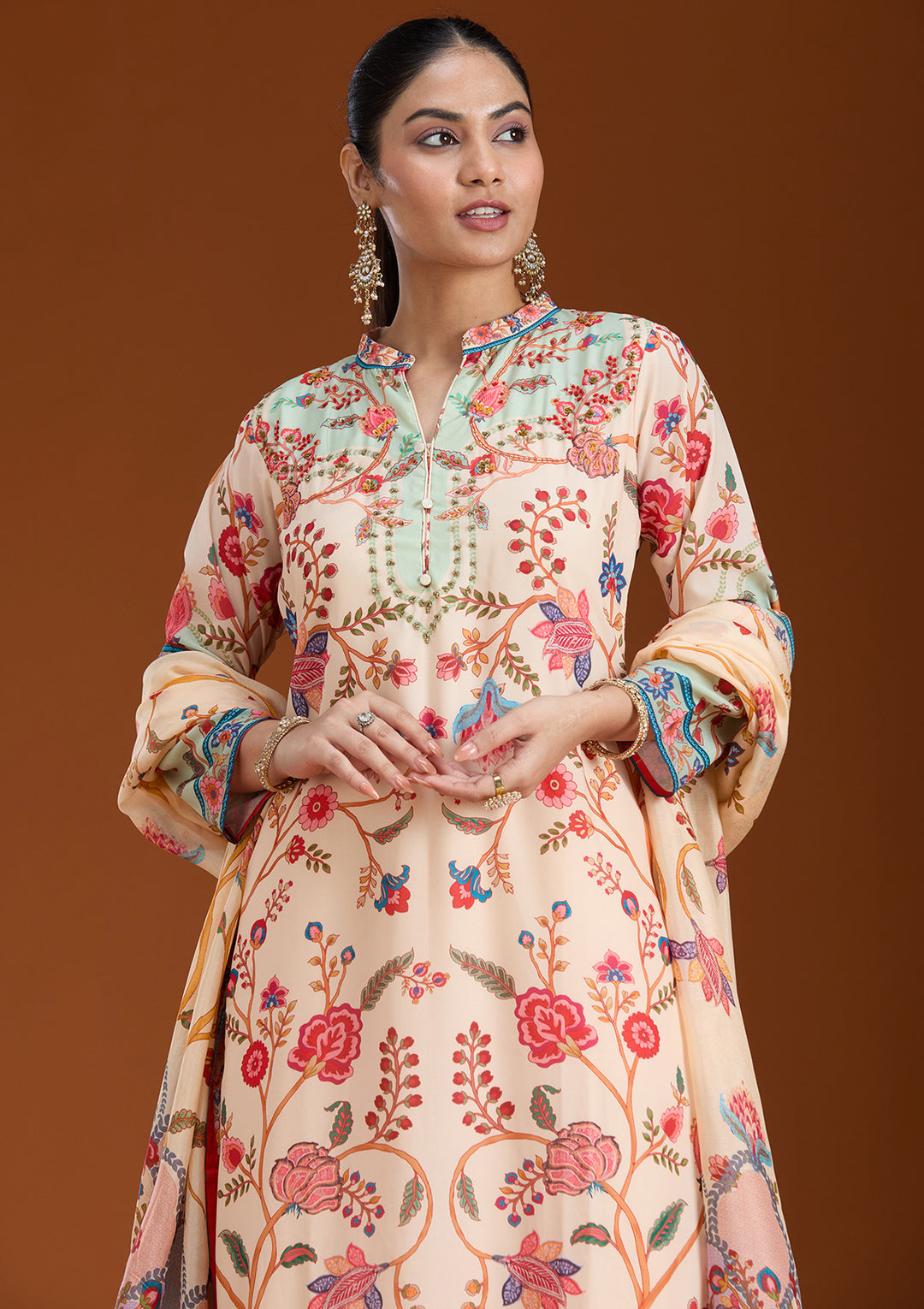 Beige Printed Crepe Readymade Salwar Suit