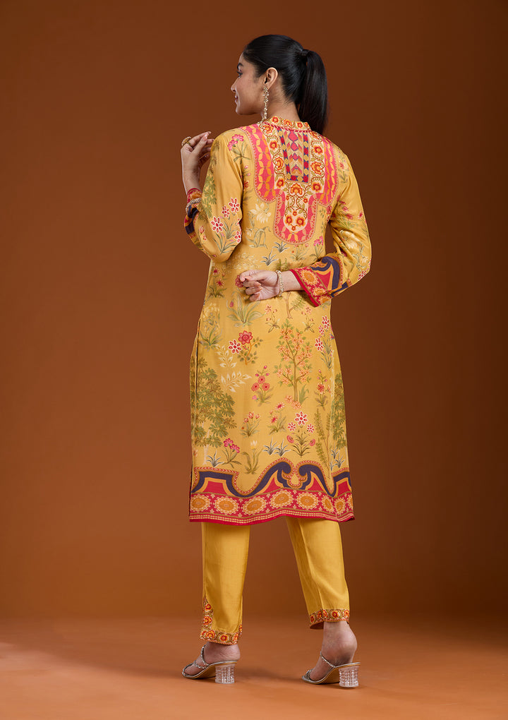 Mustard Yellow Multi Crepe Abstract Geometric Straight Kurta With Regular Pant And Dupatta