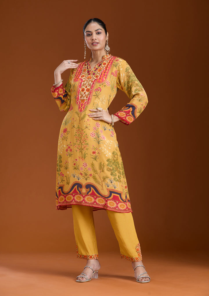 Mustard Yellow Multi Crepe Abstract Geometric Straight Kurta With Regular Pant And Dupatta