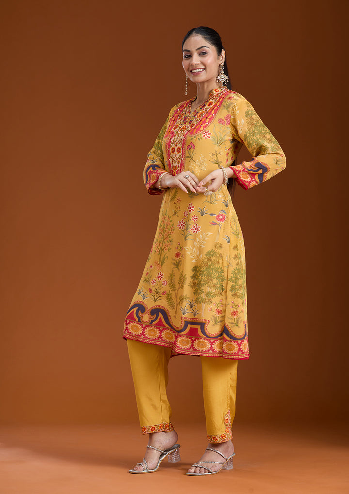 Mustard Yellow Multi Crepe Abstract Geometric Straight Kurta With Regular Pant And Dupatta