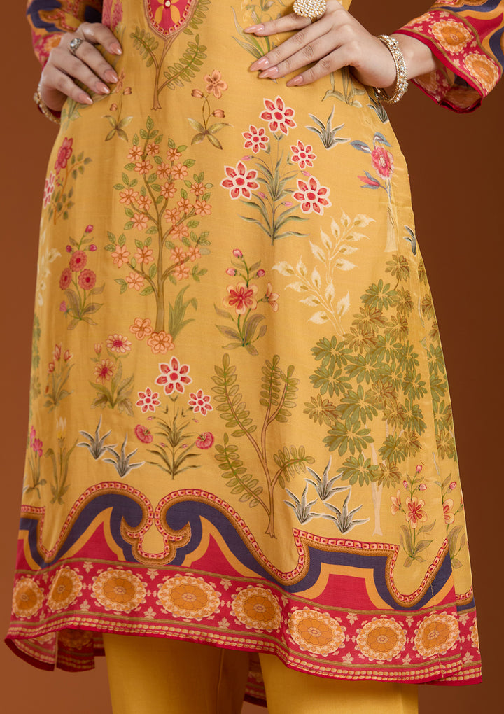 Mustard Yellow Multi Crepe Abstract Geometric Straight Kurta With Regular Pant And Dupatta