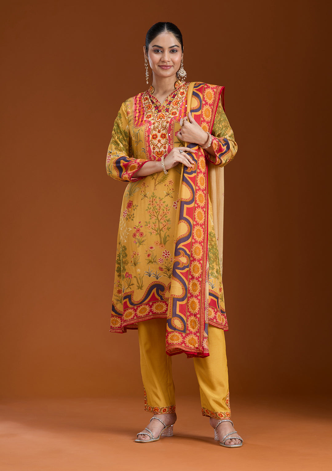 Mustard Yellow Multi Crepe Abstract Geometric Straight Kurta With Regular Pant And Dupatta