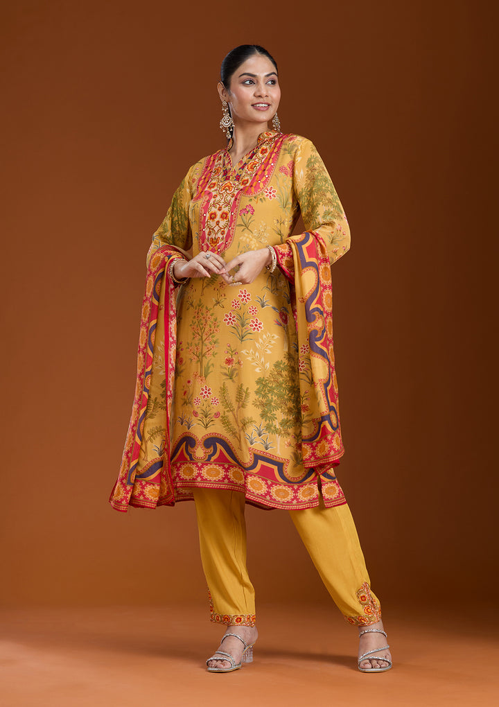Mustard Yellow Multi Crepe Abstract Geometric Straight Kurta With Regular Pant And Dupatta