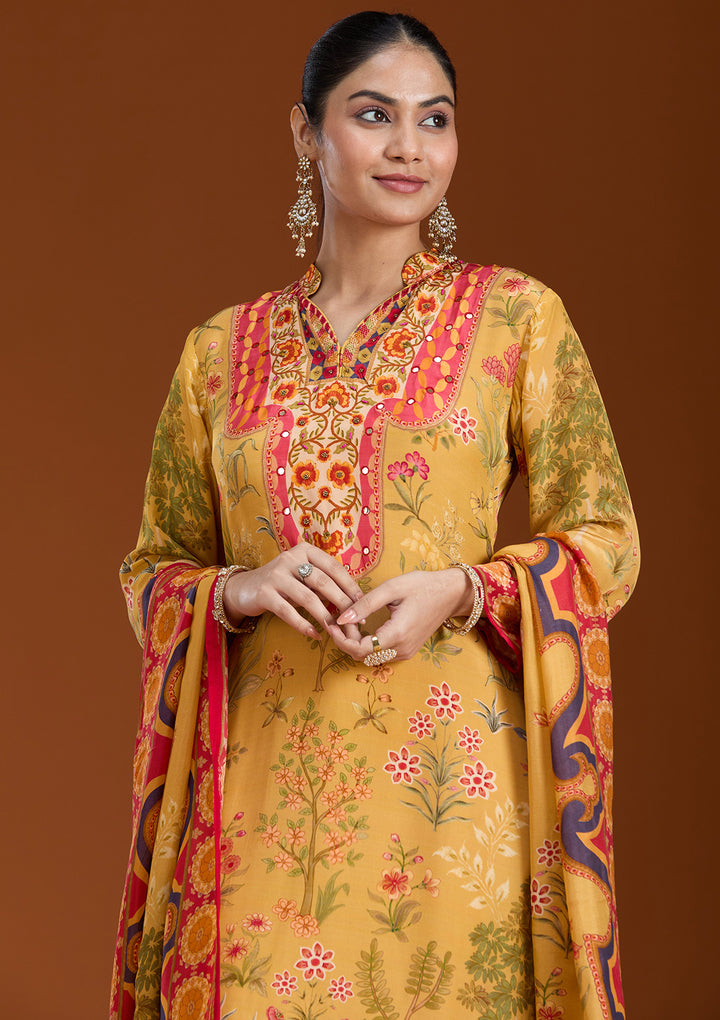 Mustard Yellow Multi Crepe Abstract Geometric Straight Kurta With Regular Pant And Dupatta