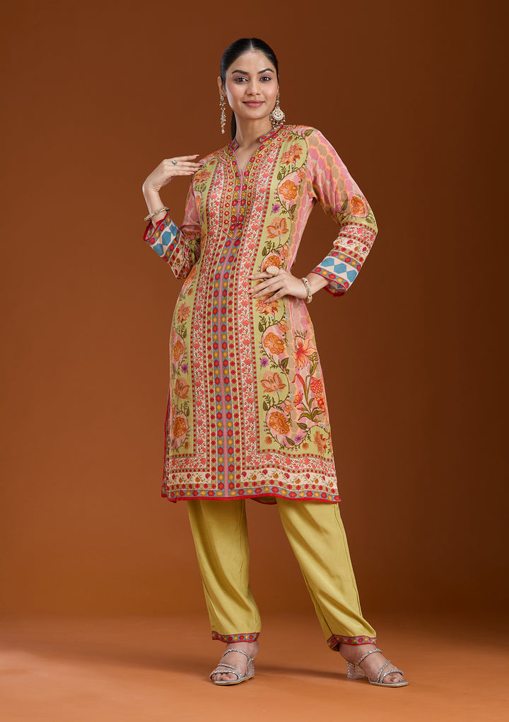 Pista Green Crepe Abstract Geometric Straight Kurta With Pant Regular And Dupatta