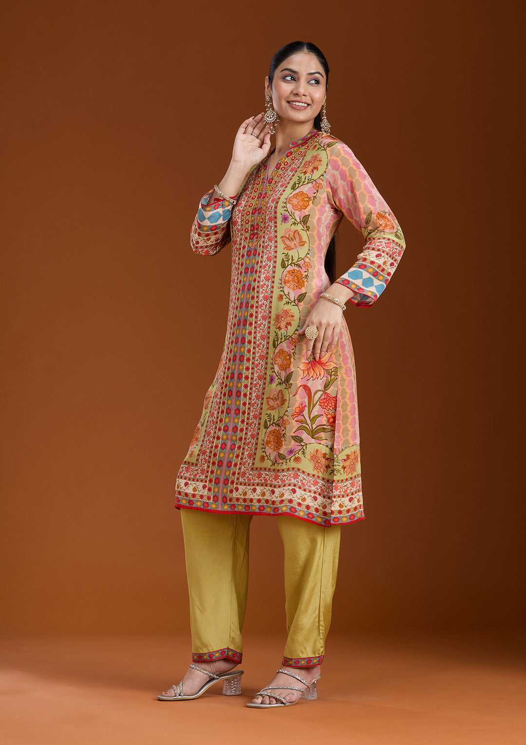 Pista Green Crepe Abstract Geometric Straight Kurta With Pant Regular And Dupatta