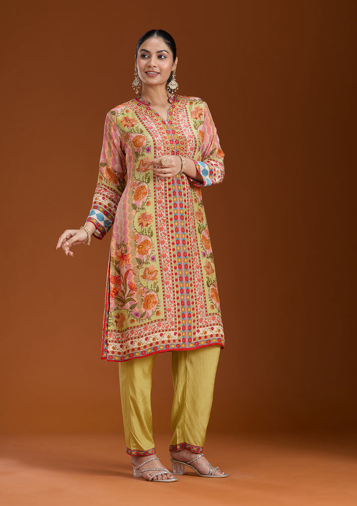 Pista Green Crepe Abstract Geometric Straight Kurta With Pant Regular And Dupatta