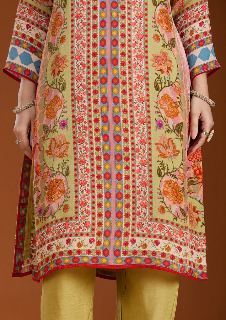 Pista Green Crepe Abstract Geometric Straight Kurta With Pant Regular And Dupatta