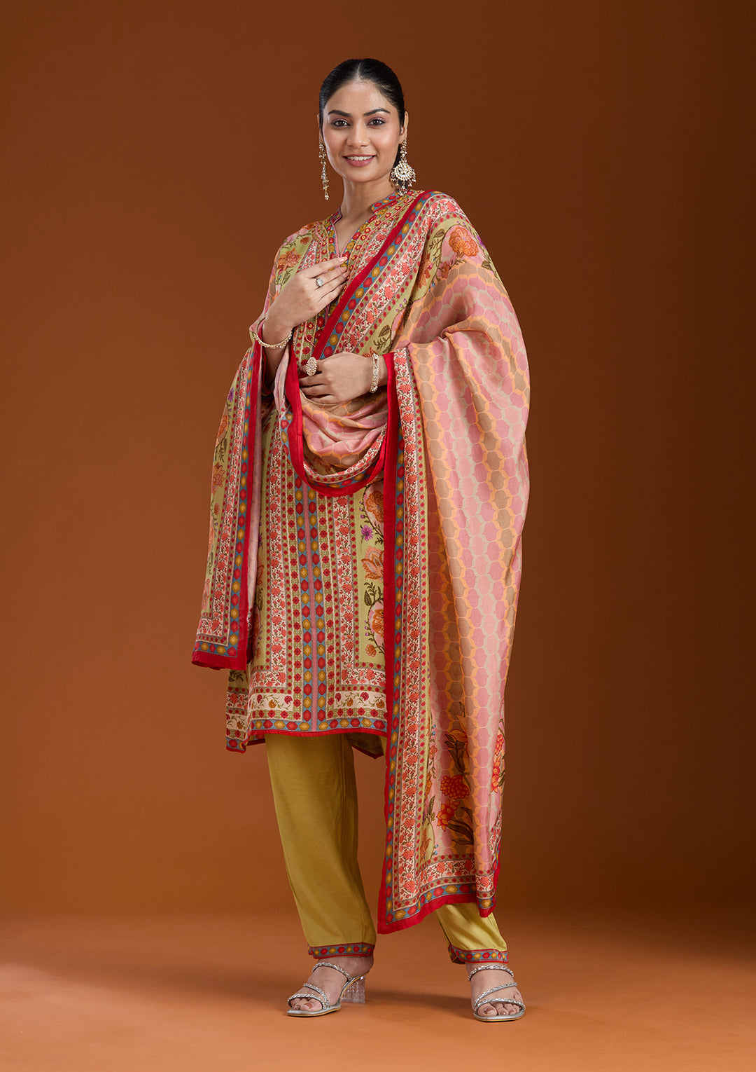 Pista Green Crepe Abstract Geometric Straight Kurta With Pant Regular And Dupatta