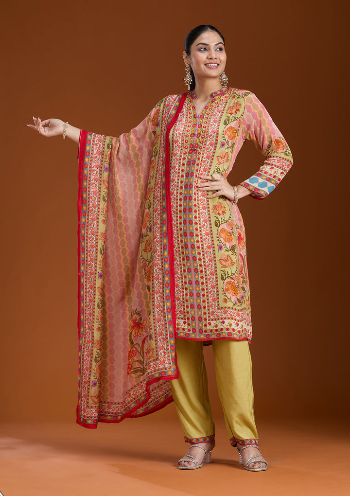 Pista Green Crepe Abstract Geometric Straight Kurta With Pant Regular And Dupatta