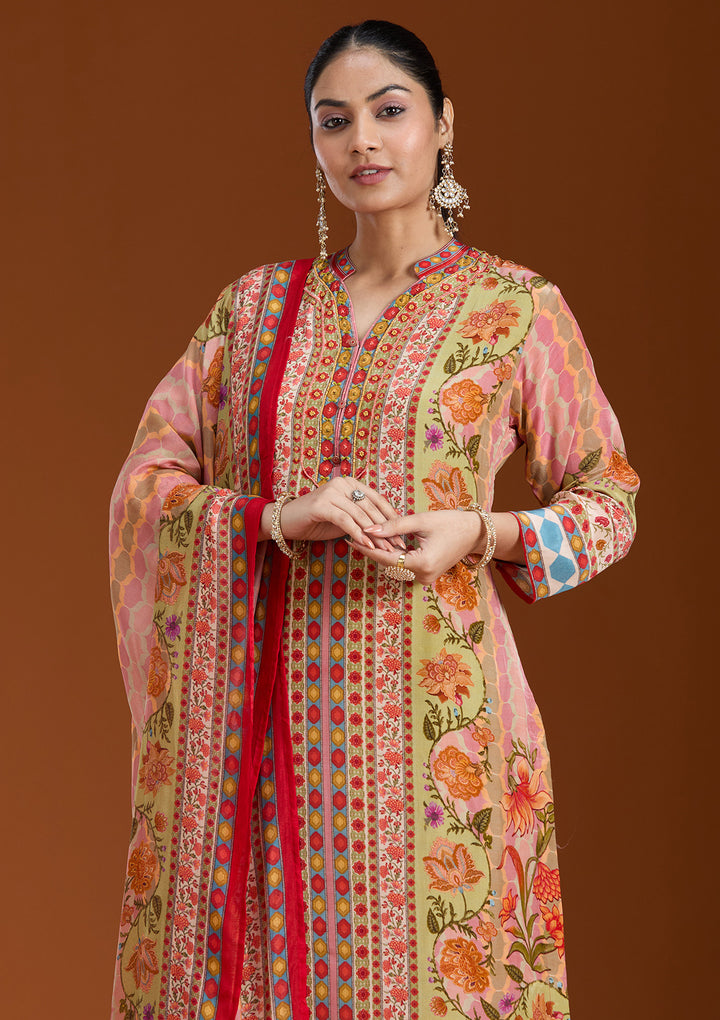 Pista Green Crepe Abstract Geometric Straight Kurta With Pant Regular And Dupatta