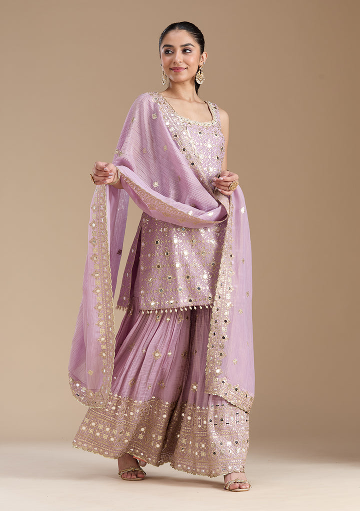 Mauve Mirrorwork Tissue Readymade Salwar Suit