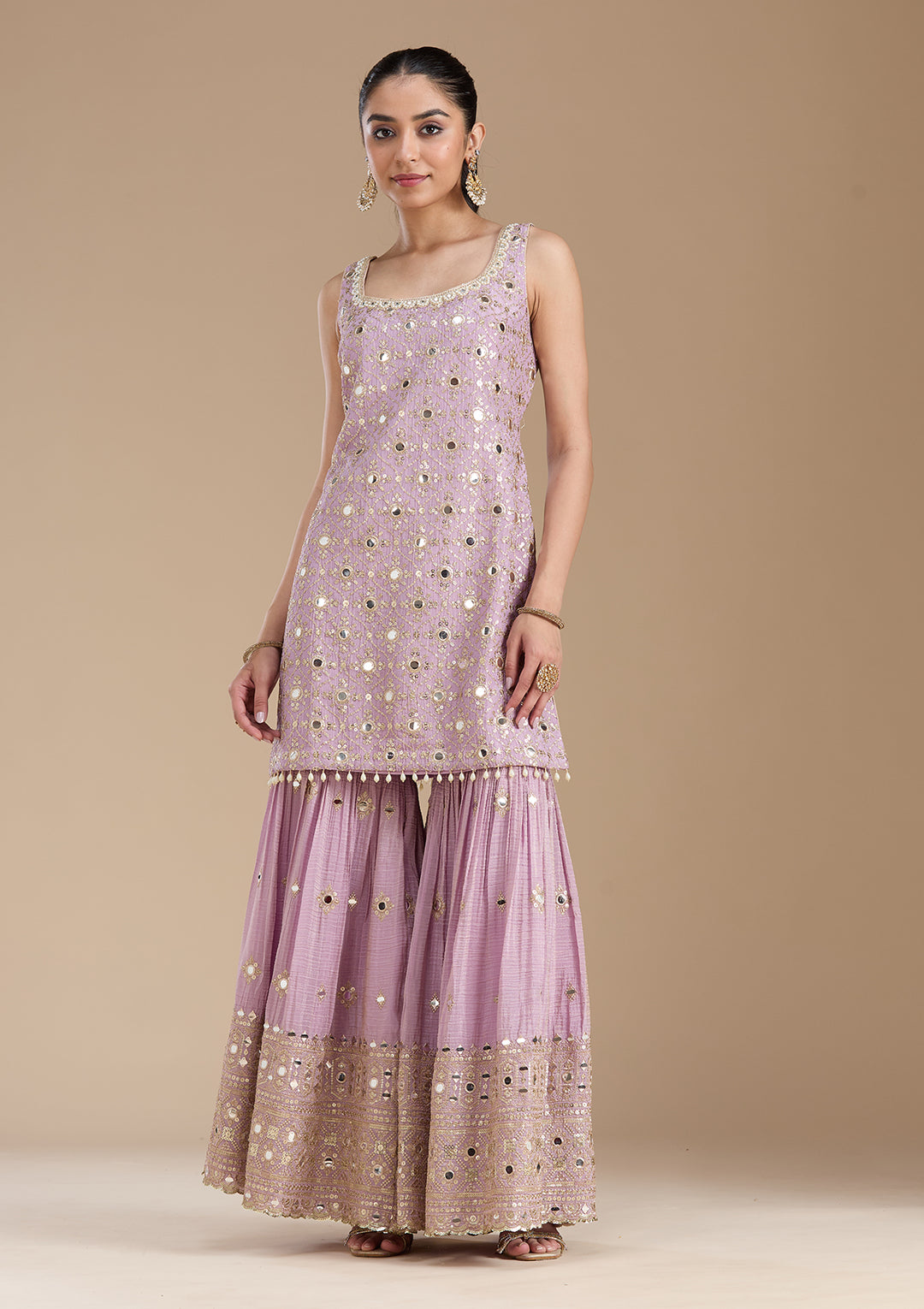 Mauve Mirrorwork Tissue Readymade Salwar Suit