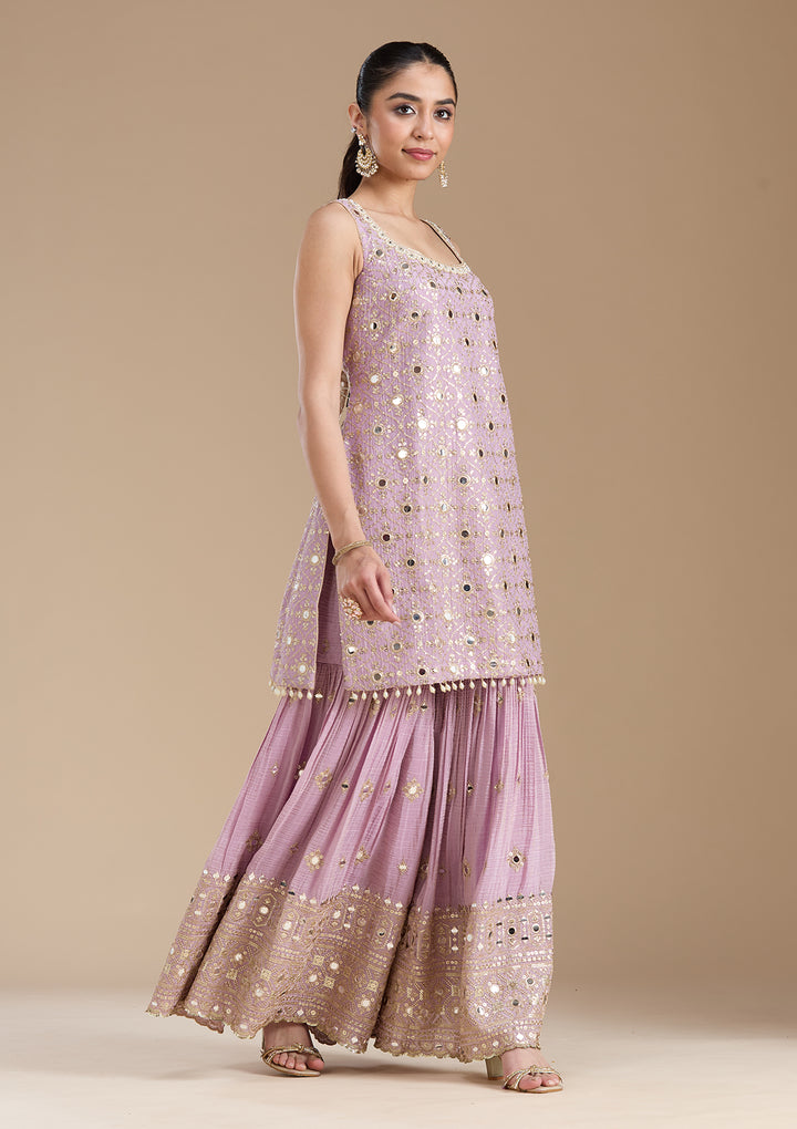 Mauve Mirrorwork Tissue Readymade Salwar Suit