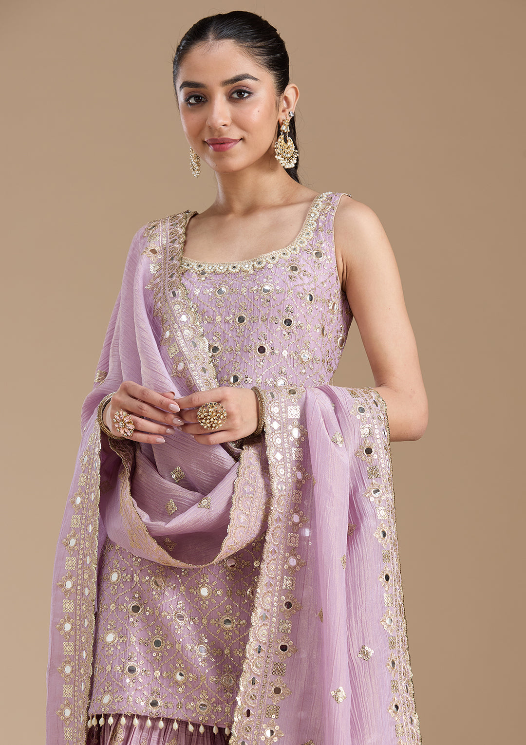 Mauve Mirrorwork Tissue Readymade Salwar Suit
