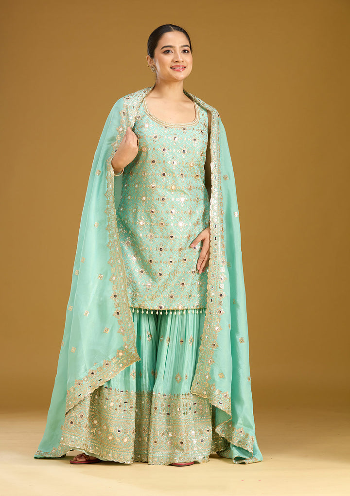 Sea Green Mirrorwork Tissue Readymade Salwar Suit