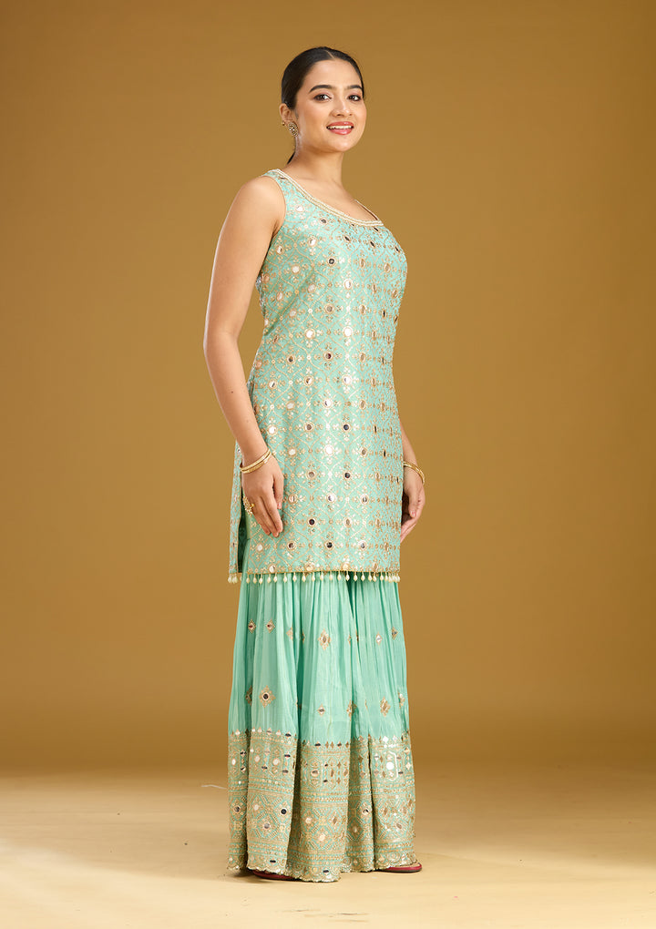Sea Green Mirrorwork Tissue Readymade Salwar Suit
