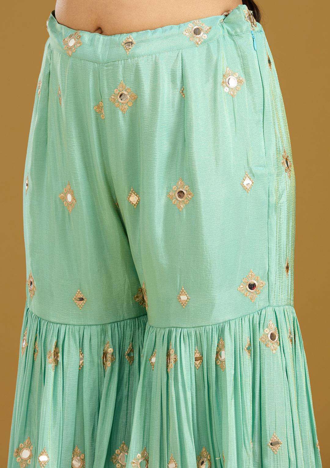 Sea Green Mirrorwork Tissue Readymade Salwar Suit