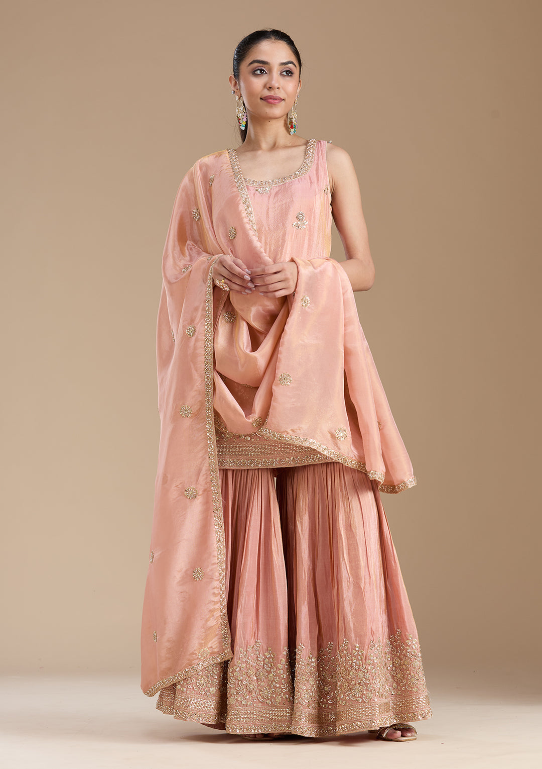 Peach Tissue Gold Zariwork Straight Kurta With Sharara And Dupatta