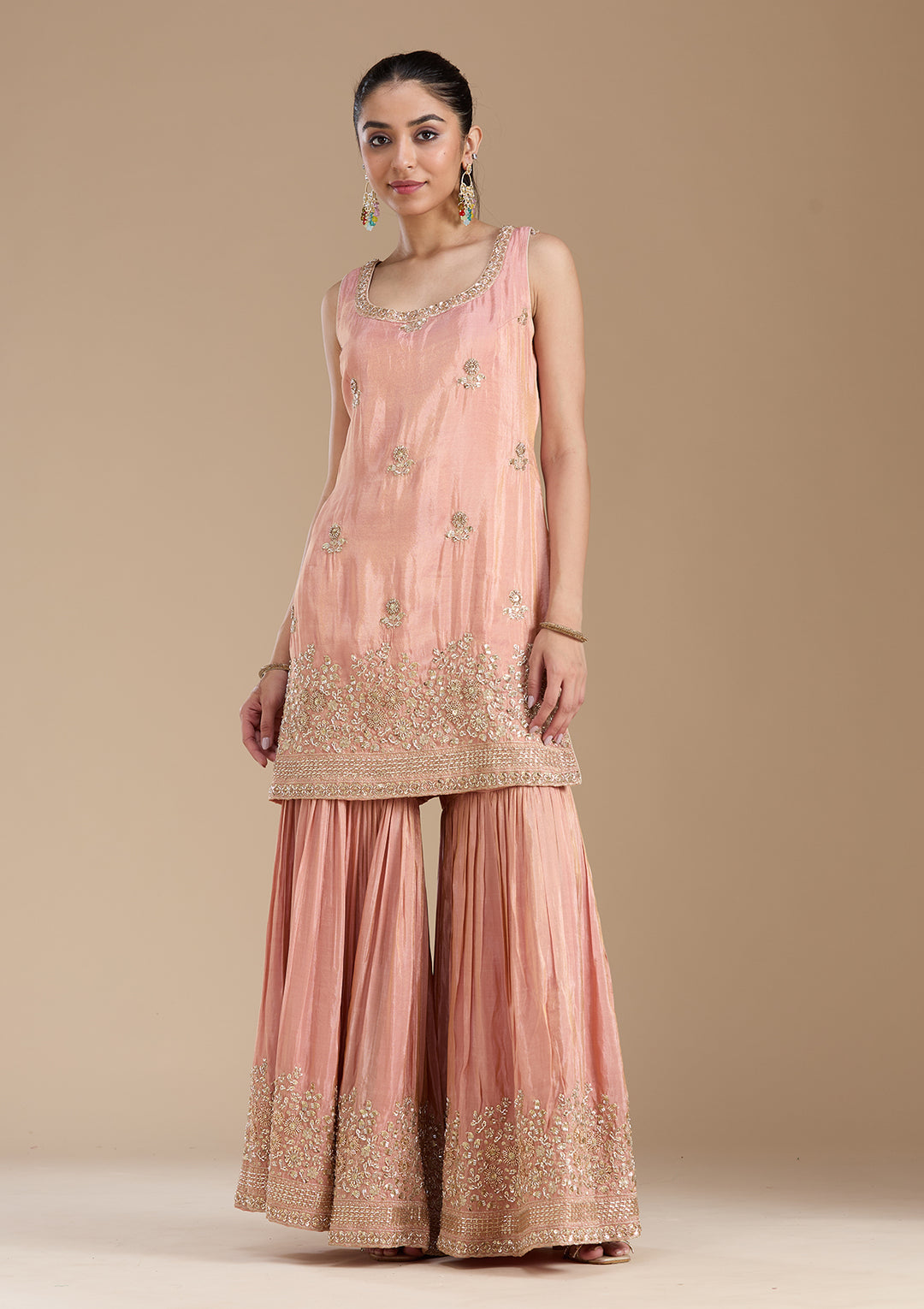Peach Tissue Gold Zariwork Straight Kurta With Sharara And Dupatta