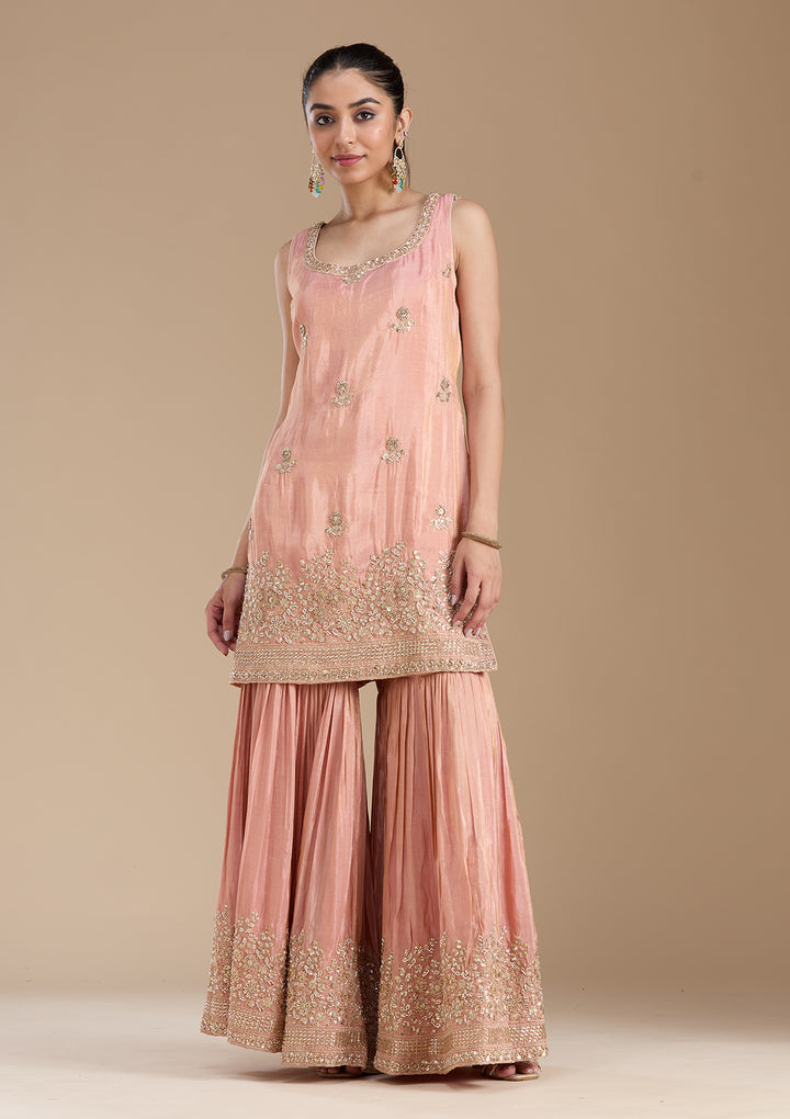 Peach Tissue Gold Zariwork Straight Kurta With Sharara And Dupatta