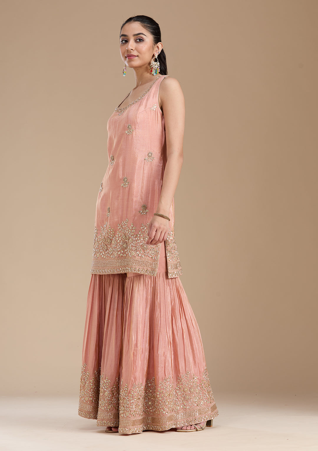Peach Tissue Gold Zariwork Straight Kurta With Sharara And Dupatta