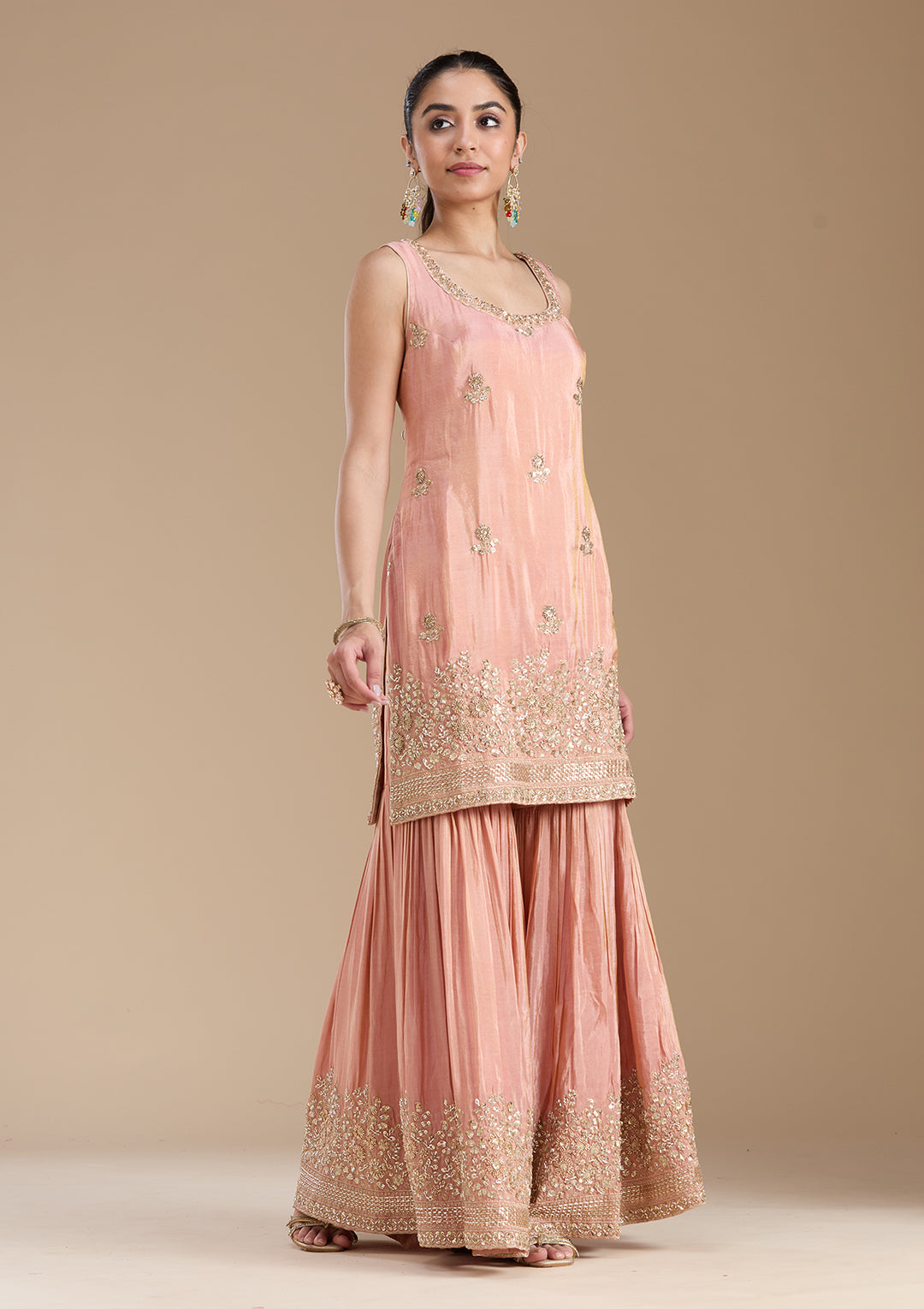 Peach Tissue Gold Zariwork Straight Kurta With Sharara And Dupatta