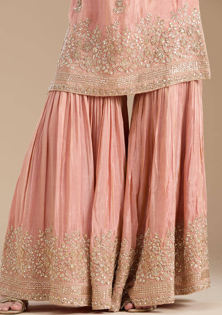 Peach Tissue Gold Zariwork Straight Kurta With Sharara And Dupatta