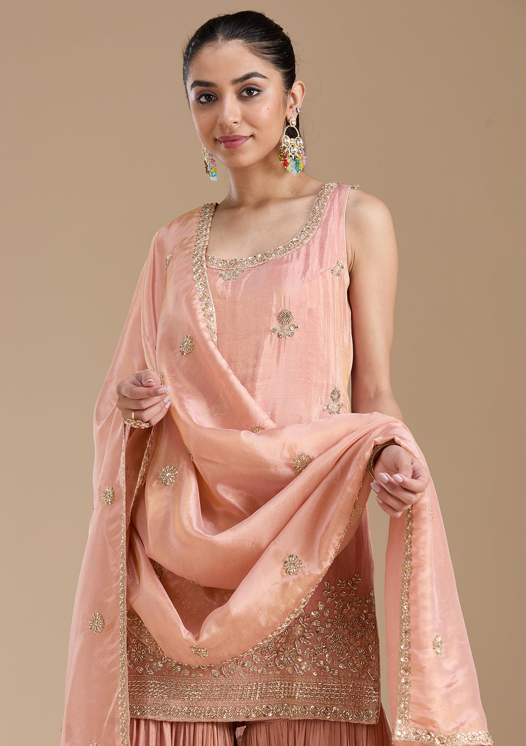 Peach Tissue Gold Zariwork Straight Kurta With Sharara And Dupatta