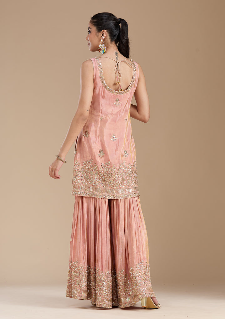 Peach Tissue Gold Zariwork Straight Kurta With Sharara And Dupatta