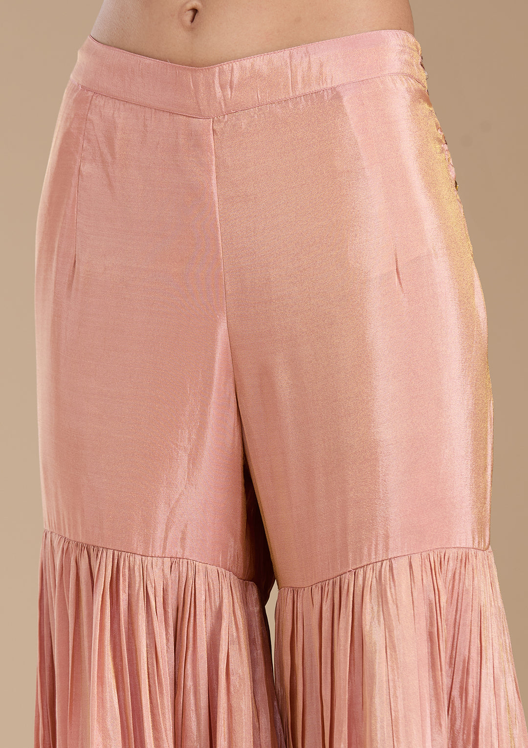 Peach Tissue Gold Zariwork Straight Kurta With Sharara And Dupatta