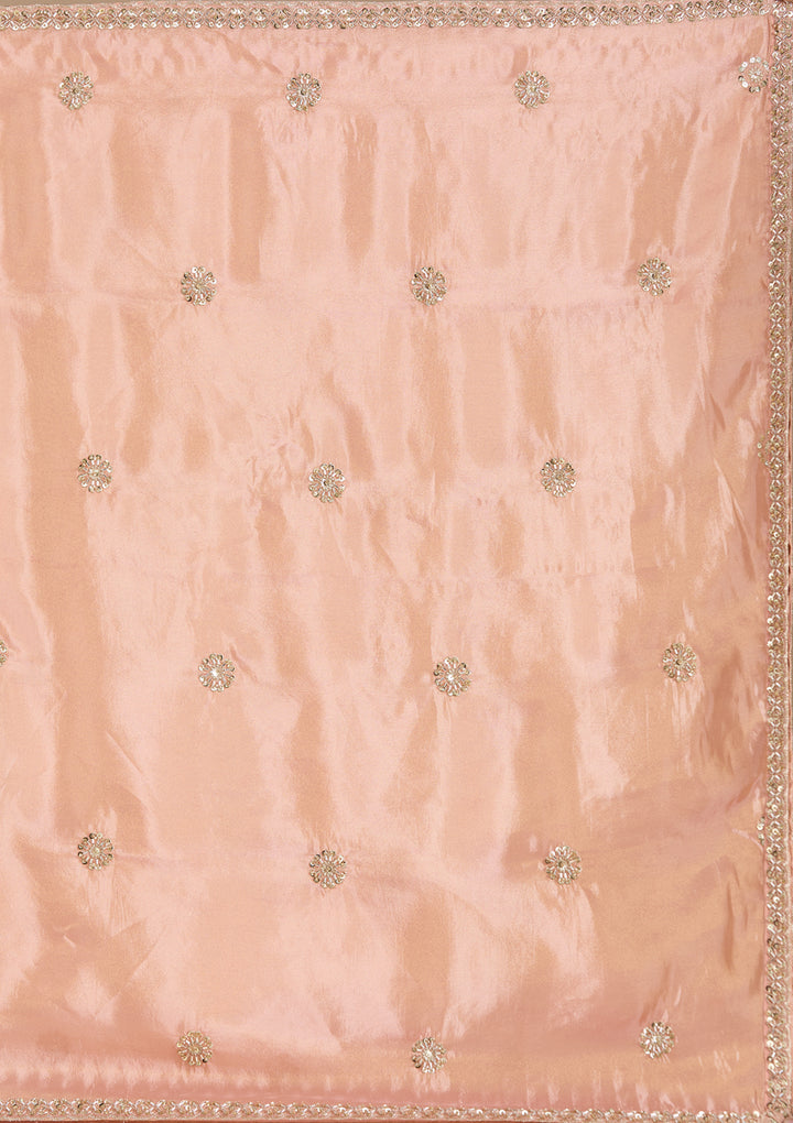 Peach Tissue Gold Zariwork Straight Kurta With Sharara And Dupatta