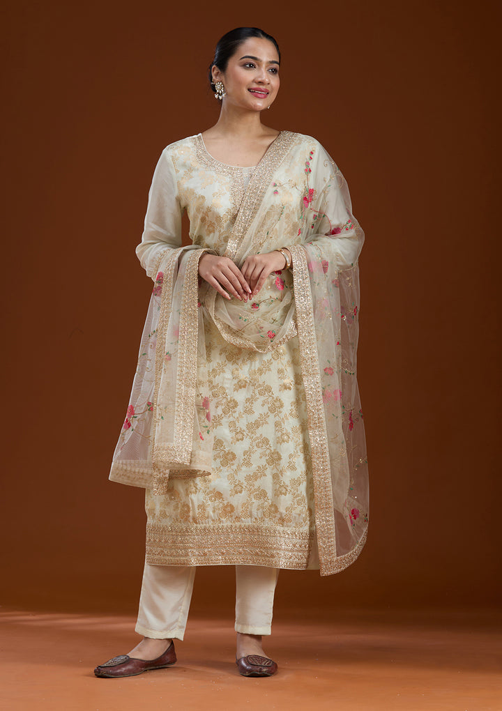 Off White Zariwork Brocade Readymade Salwar Suit