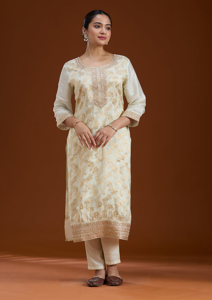 Off White Zariwork Brocade Readymade Salwar Suit