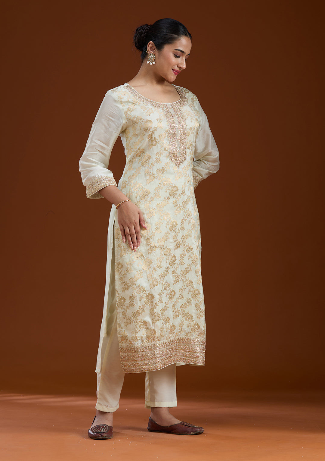 Off White Zariwork Brocade Readymade Salwar Suit
