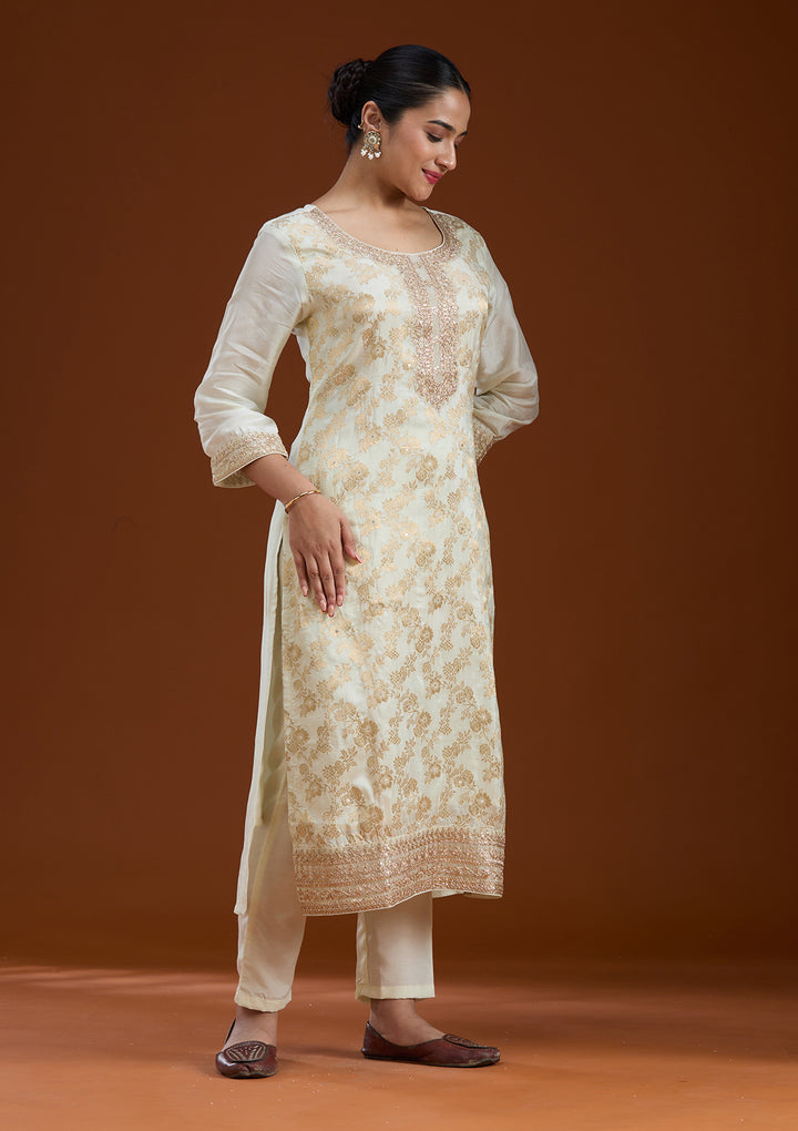 Off White Zariwork Brocade Readymade Salwar Suit