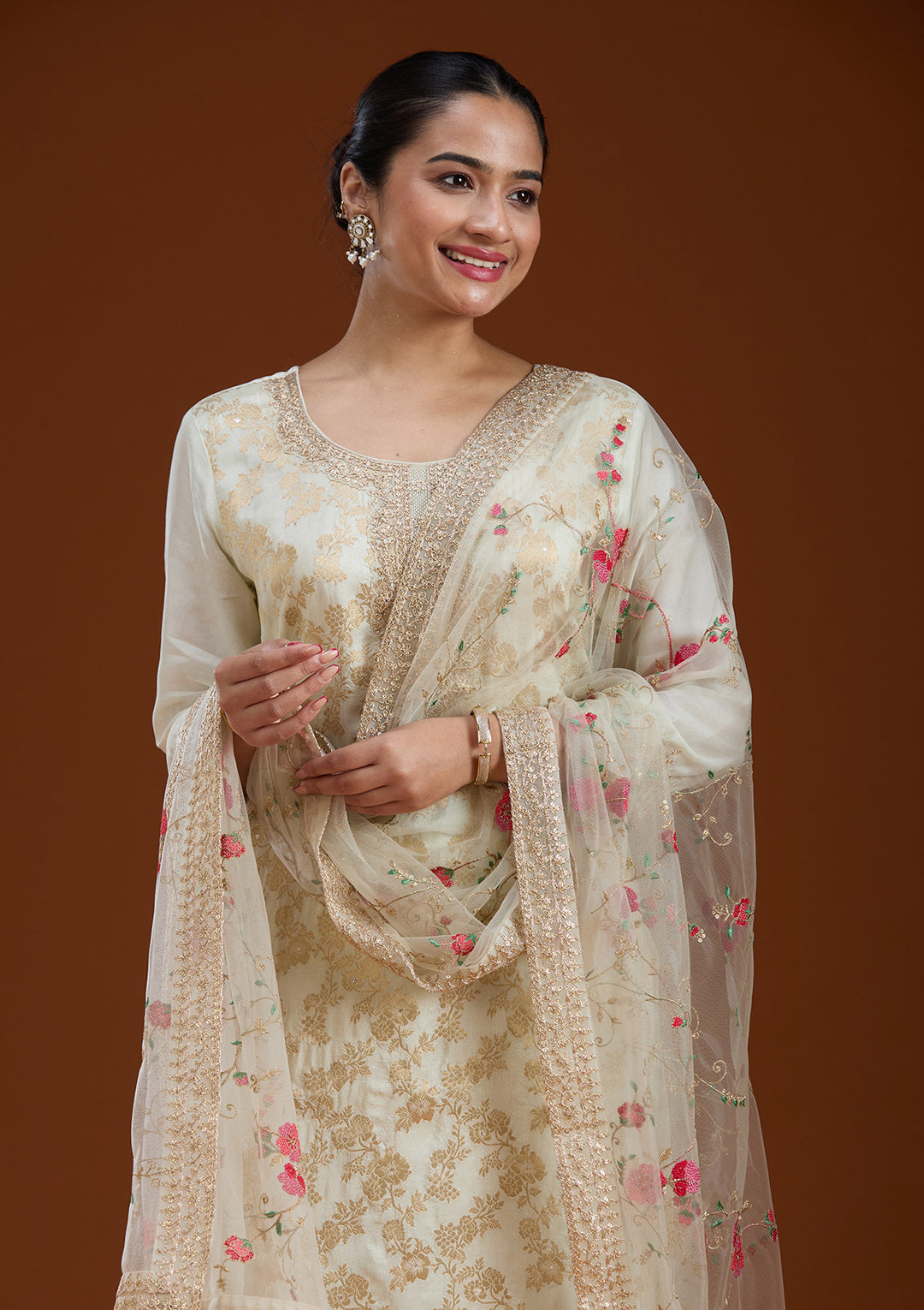 Off White Zariwork Brocade Readymade Salwar Suit