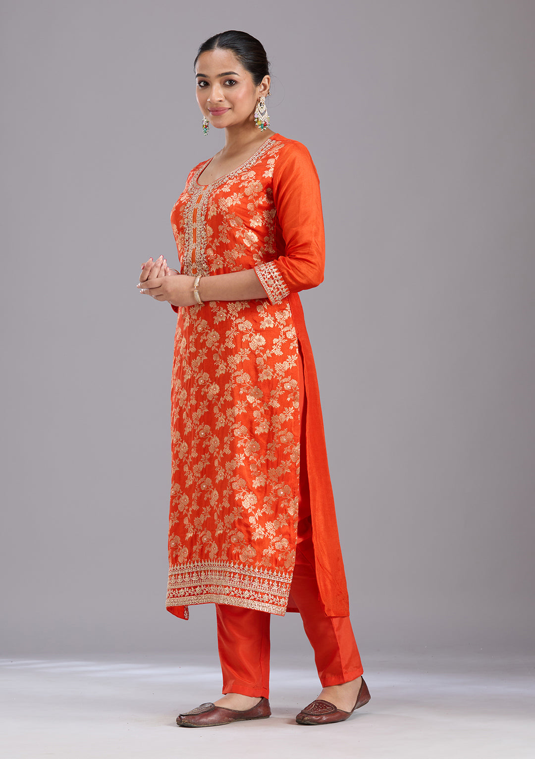 Orange Zariwork Brocade Readymade Salwar Suit