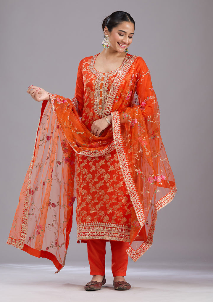 Orange Zariwork Brocade Readymade Salwar Suit