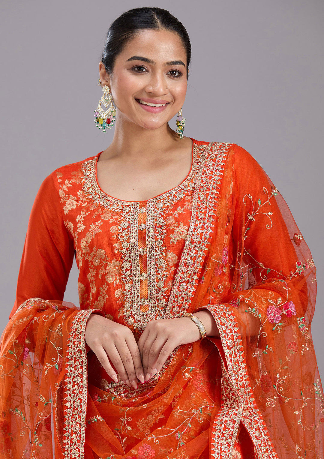Orange Zariwork Brocade Readymade Salwar Suit