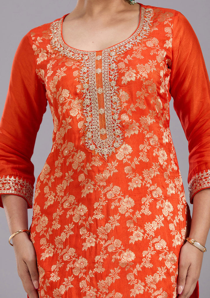 Orange Zariwork Brocade Readymade Salwar Suit