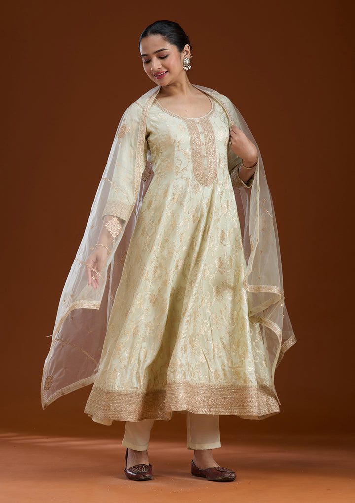 Off White Zariwork Brocade Readymade Salwar Suit